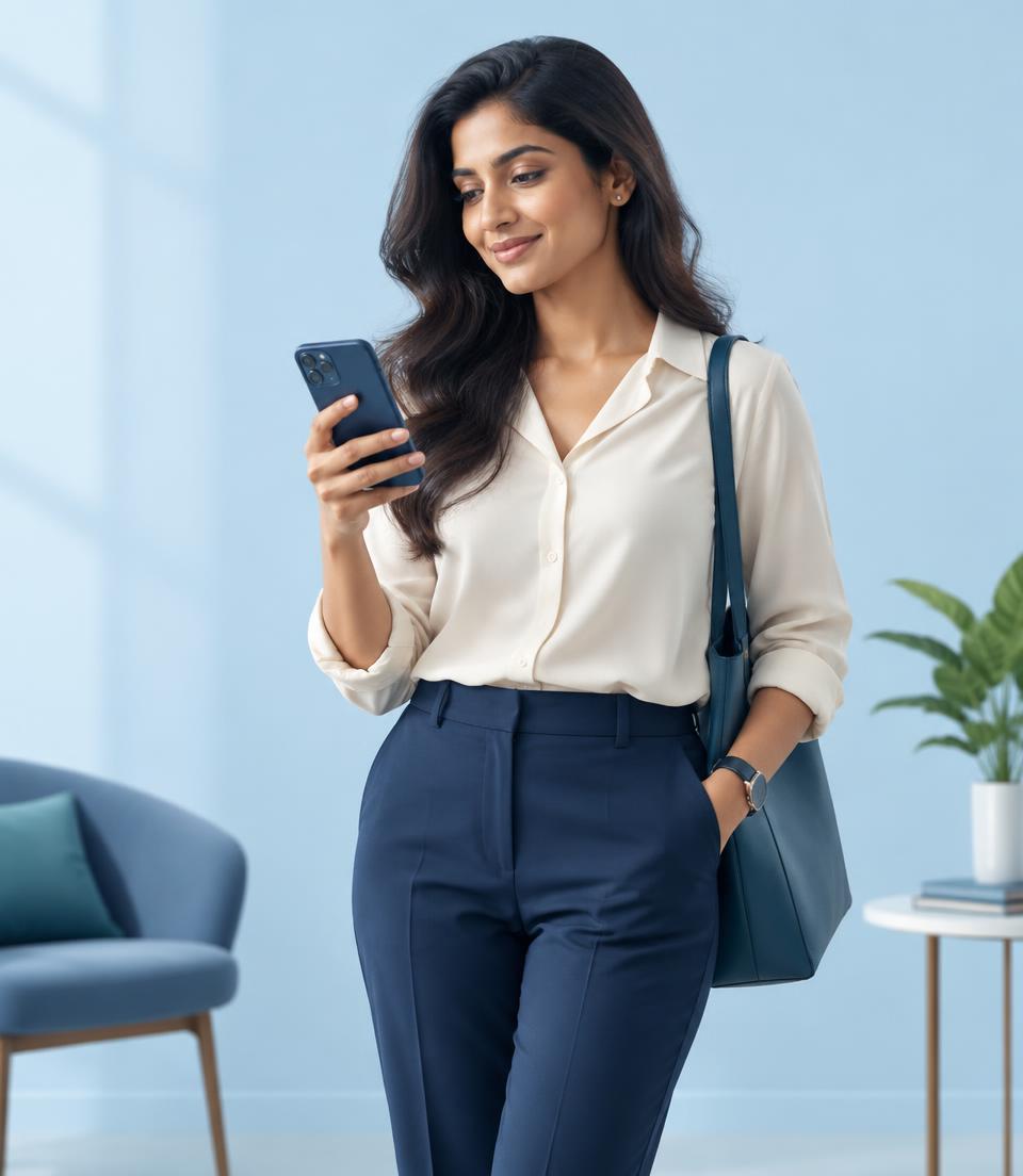 Happy Indian customer checking her newly active insurance policy on her phone